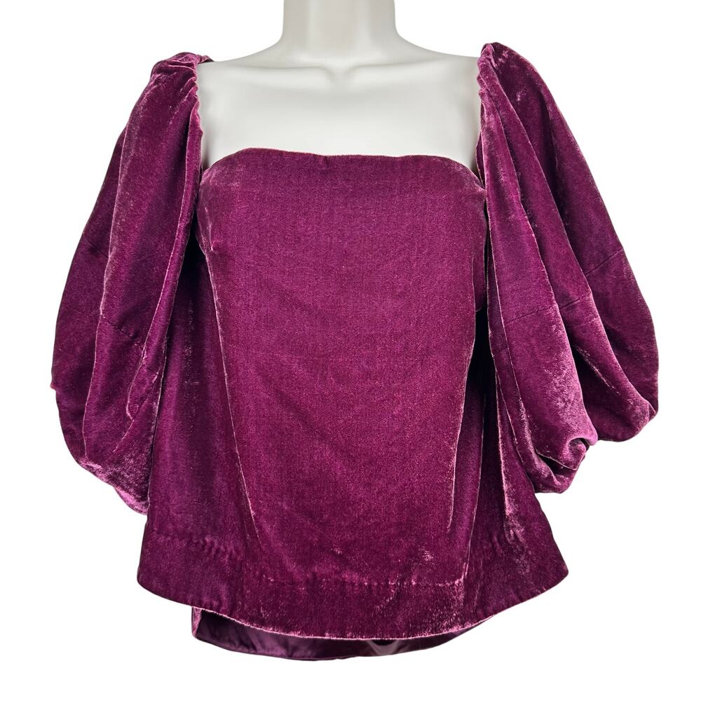 Mare Mare Anthropologie Velvet Blouse Top Off Shoulder Puff Sleeve Crop Purple M